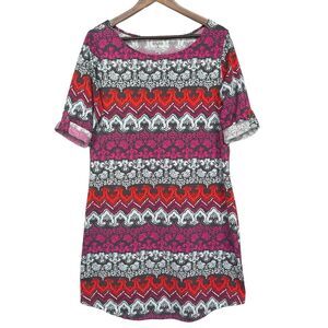 Soybu T Shirt Dress Women Size XL Multicolor Tribal Stretch Pullover Curved Hem‎